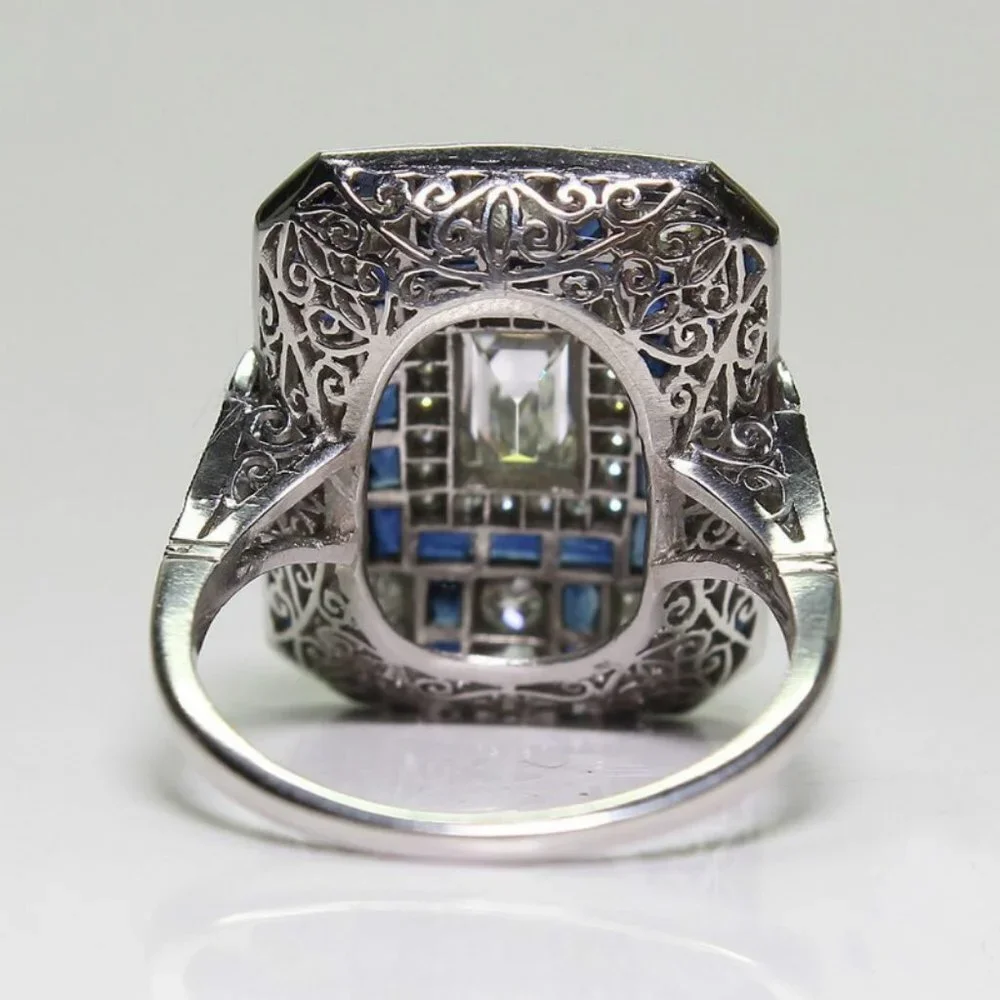 NEW Silver Blue Sapphire Diamond Art Deco Ring